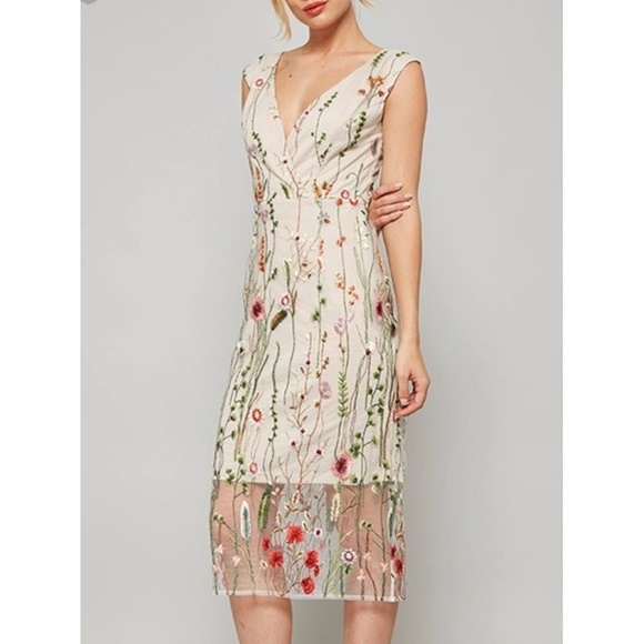 Promesa Dresses & Skirts - Promesa Floral Embroidered Midi Dress - Cream and Green